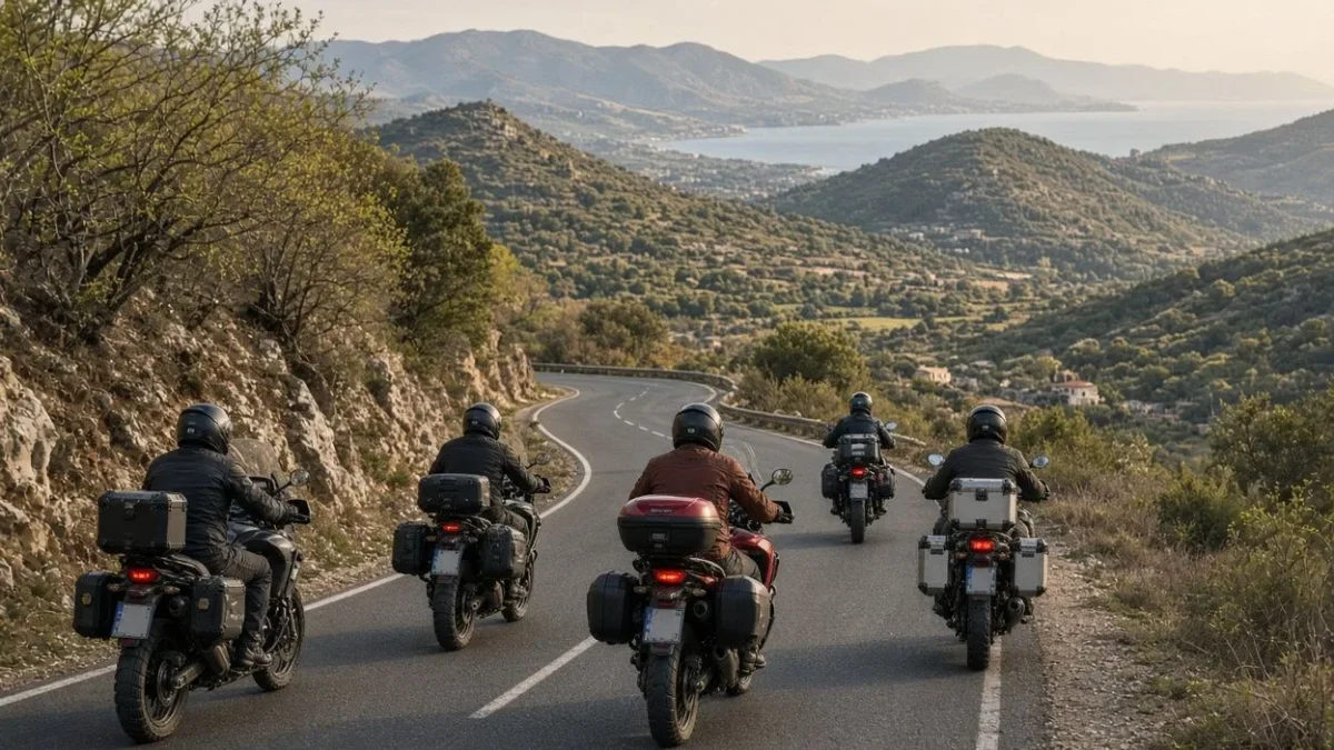 Een groep motorrijders rijdt verspringend over een landweg met uitzicht op zee